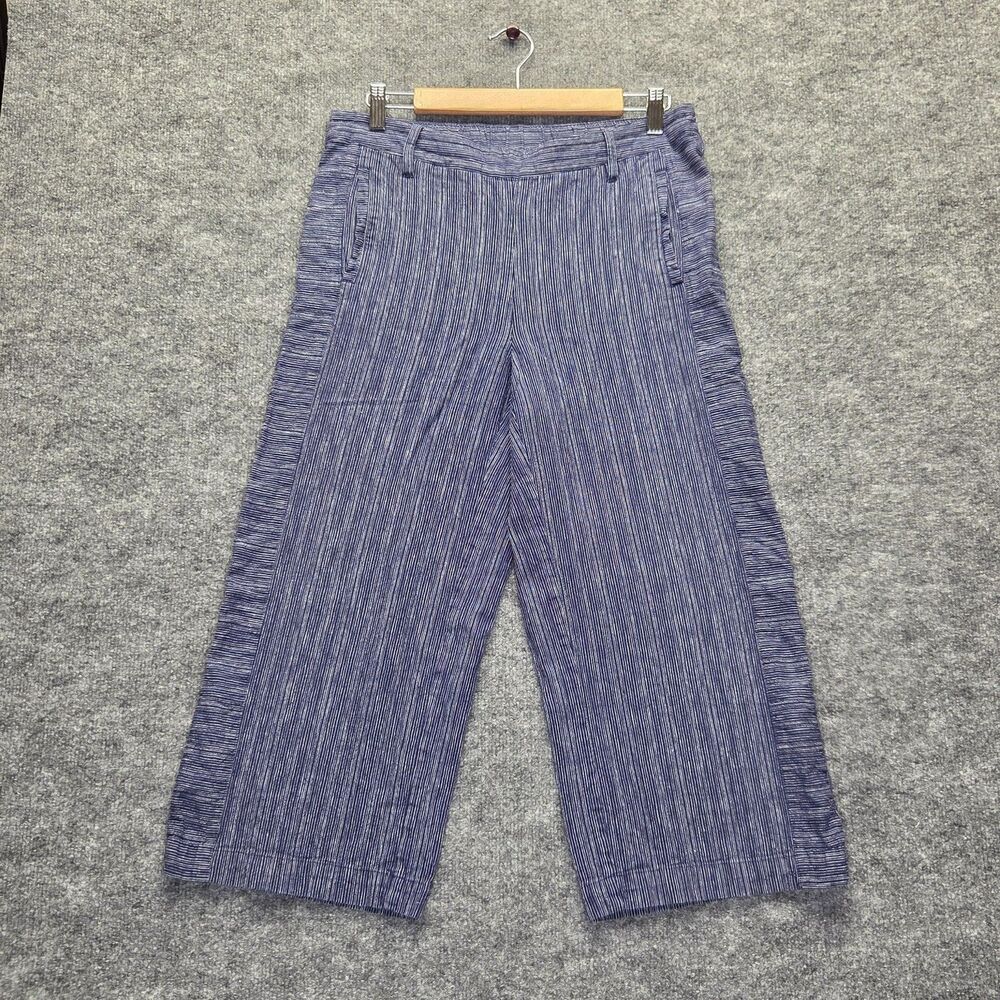 Rafaella Pants Womens 8P Blue White Striped Linen Blend Wide Leg Cropped Comfort